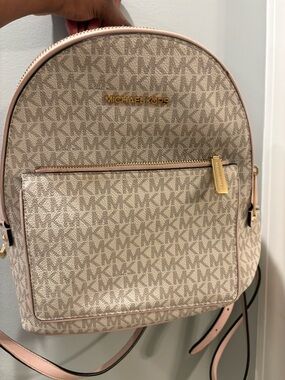 Michael Kors Signature MK Monogram Backpack in Beige with Pale Pink Trim